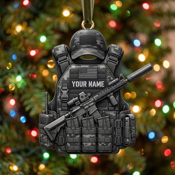 Maxcorners Military Black Helmet Tactical Vest And Rifle Personalized Name 3D Keychain And Ornament