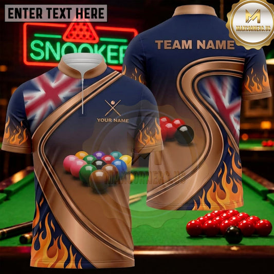Maxcorners Snooker Navy Bronze Union Jack Flame Personalized Name 3D Unisex Shirt
