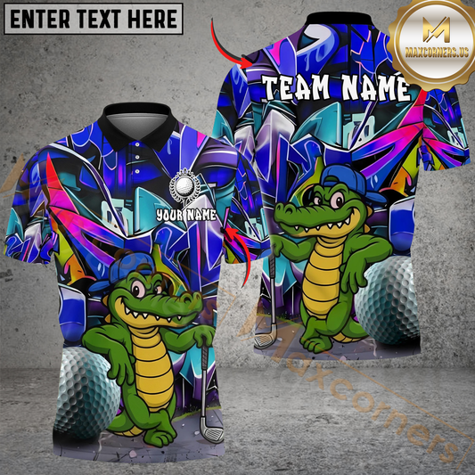 Maxcorners Graffiti Alligator Golf Polo Personalized Name, Team Name 3D Shirt (4 Colors)