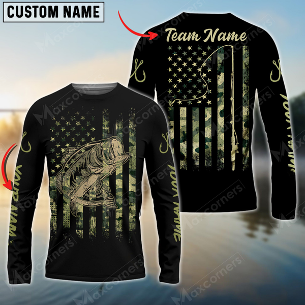 Maxcorners Bass Fishing Camo American Flag Personalized Name, Team Name 3D Long Sleeve Shirt