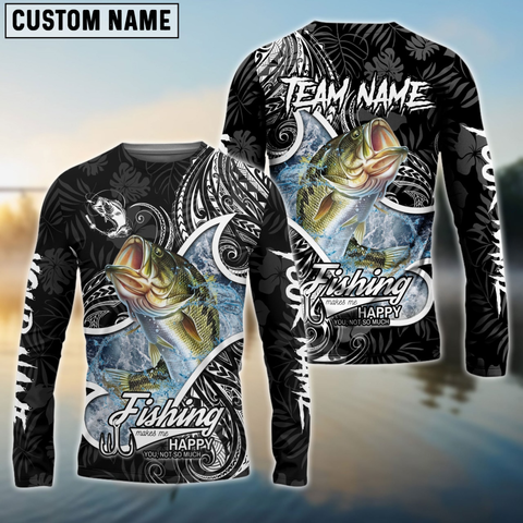 Maxcorners Bass Fishing Black White Maori Personalized Name, Team Name 3D Long Sleeve Shirt