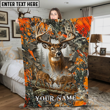 Maxcorners Deer Hunting Blaze Orange Camo Breakthrough Buck Battle Personalized 3D Blanket