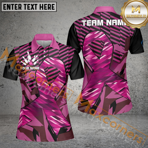 Maxcorners Breast Cancer Awareness Black And Pink Ribbons Bowling Jersey Customized Name, Team Name 3D Shirt For Women