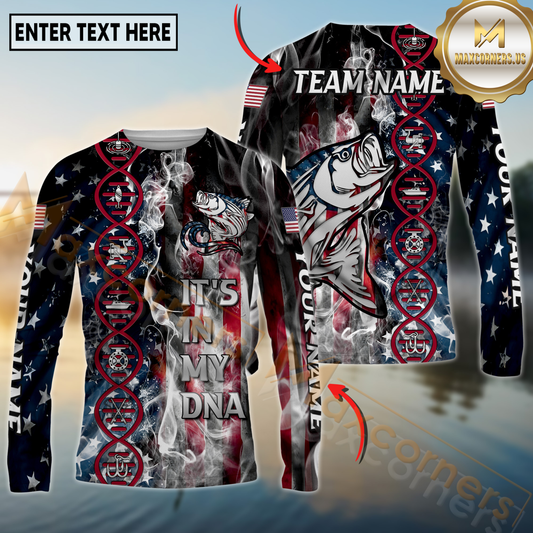 Maxcorners Fishing American Flag Smoke & Red DNA Helix Firefighter Icons Personalized Name, Team Name 3D Long Sleeve Shirt (Mahi-mahi, Tuna, Chinook, Marlin, Striped Bass, Salmon)