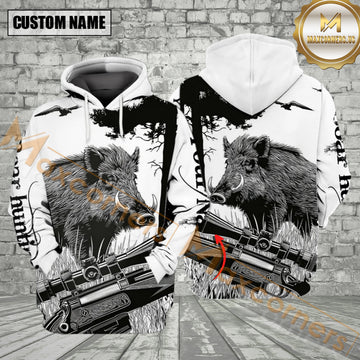 Maxcorners Custom Name Black And White Boar Hunting All Over Print Shirt Best Gift For Hunter