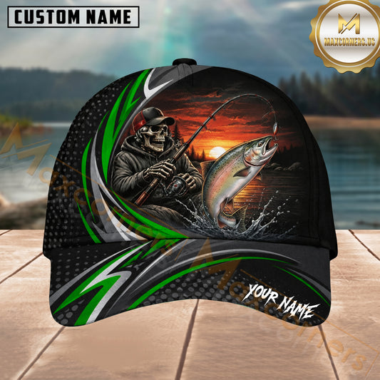 Maxcorners Fishing Skull Angler Green Wave Personalized 3D Cap