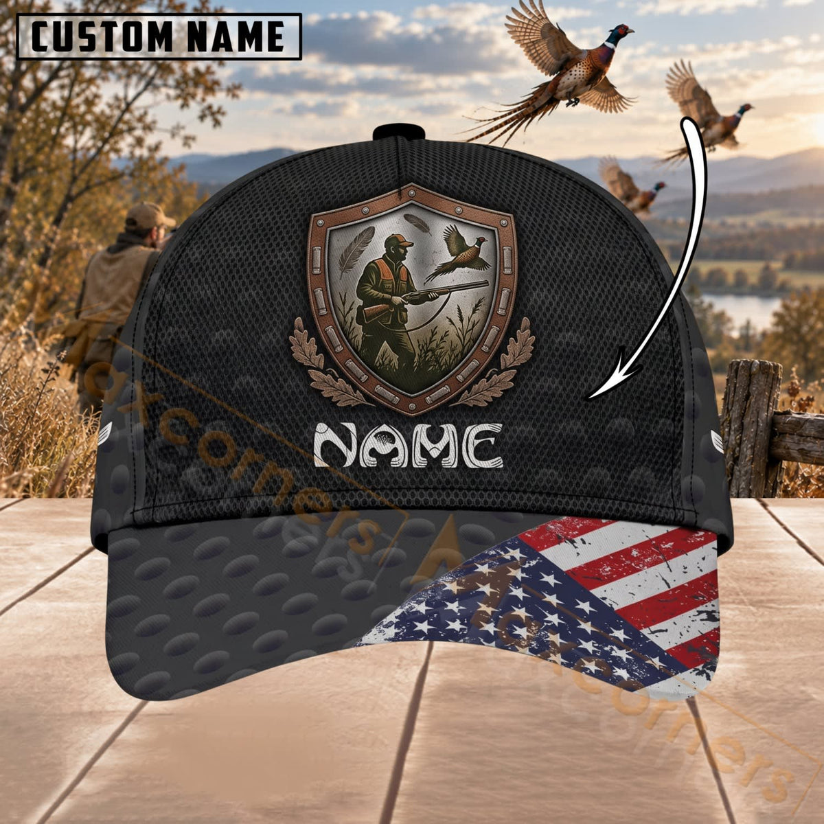 Maxcorners Upland Bird Hunting Patriotic Hunter Shield Personalized Name 3D Cap