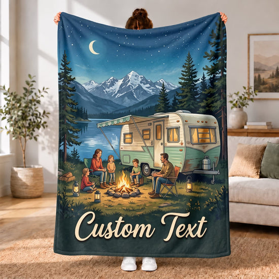 Maxcorners RVs Travel Trailer Alpine Lake Family Campfire Custom Name 3D Blanket