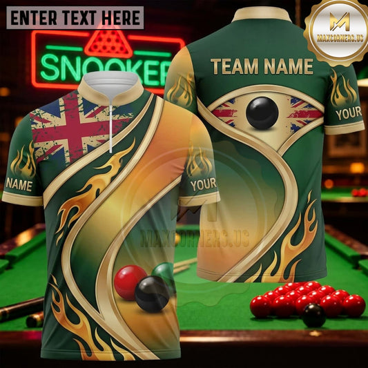 Maxcorners Snooker Forest Green Gold Union Jack Flame Personalized Name 3D Unisex Shirt
