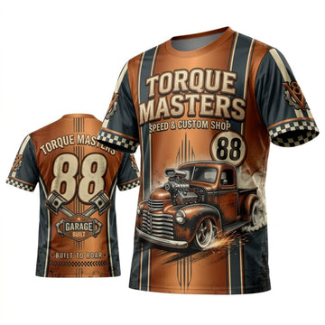 Maxcorners Personalized Car Classic Muscle Car 3D T-Shirt – Torque Masters Orange Grey Custom Street Rod