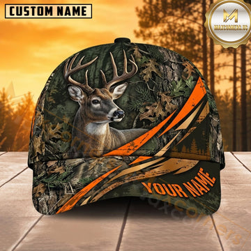 Maxcorners Deer Hunting Whitetail Buck Orange Slash Accents Deep Forest Camo Customized Name 3D Cap
