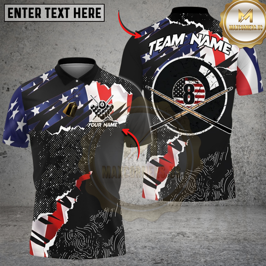 Maxcorners Billiards 8 Ball Ripped American Flag Personalized Name, Team Name 3D Shirt