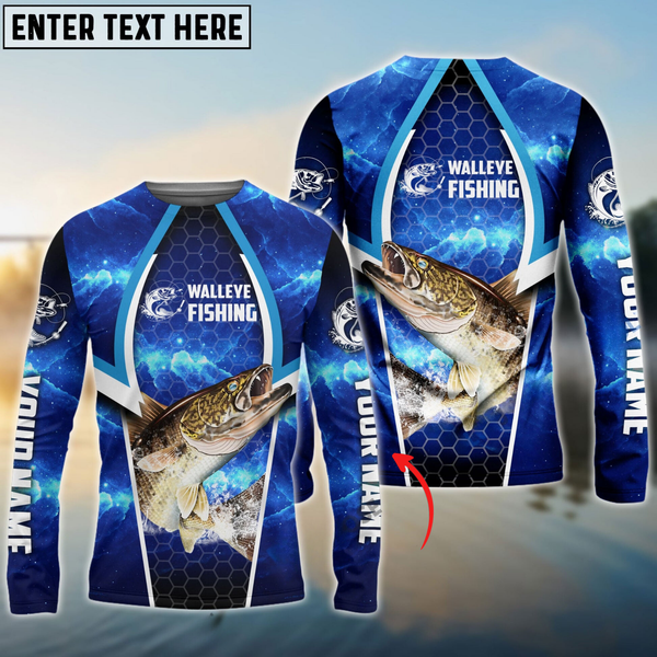 Maxcorners Walleye Fishing Blue Galaxy Personalized Name, Team Name 3D Long Sleeve Shirt