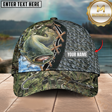 Maxcorners Catfish Fishing Camo Leather Lace Design Personalized Name 3D Cap