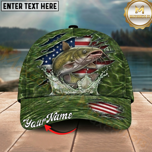 Maxcorners Fishing Green American Flag Splash Personalized 3D Cap (12 Fish Species)