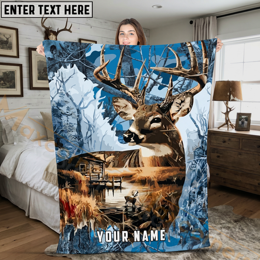 Maxcorners Blue Camo Whitetail Deer Lake Scene Personalized 3D Blanket