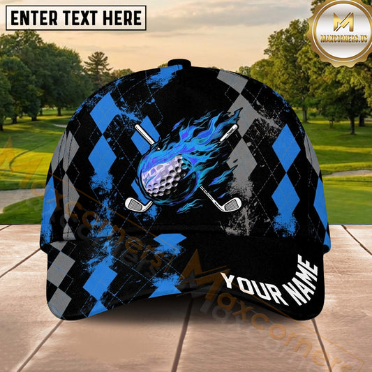 Maxcorners Golf Flaming Ball Crossed Clubs Argyle Pattern Personalized Name 3D Classic Cap