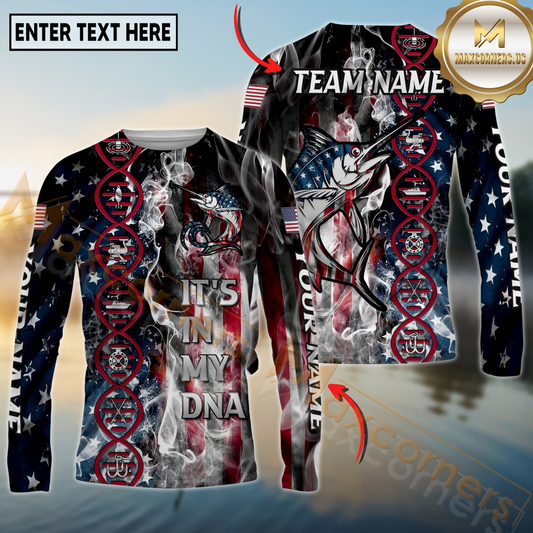 Maxcorners Fishing American Flag Smoke & Red DNA Helix Firefighter Icons Personalized Name, Team Name 3D Long Sleeve Shirt (Mahi-mahi, Tuna, Chinook, Marlin, Striped Bass, Salmon)