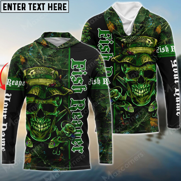 Maxcorners Fish Reaper Fishing Green Camouflage Personalized Name, Team Name 3D Long Sleeve Shirt