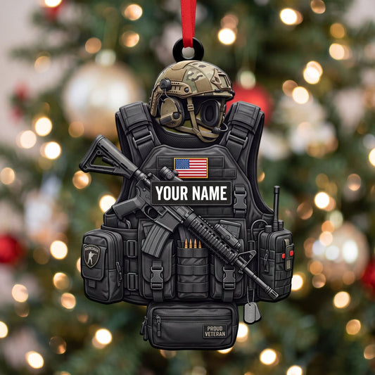Maxcorners Veteran Black Tactical Helmet Vest And American Flag Personalized Name 3D Keychain And Ornament