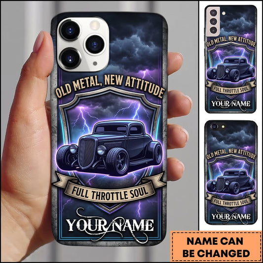 Maxcorners Hot Rod Purple Vintage Car with Blue Smoke and Old Metal Never Dies Design Personalized Name 3D Phone Case