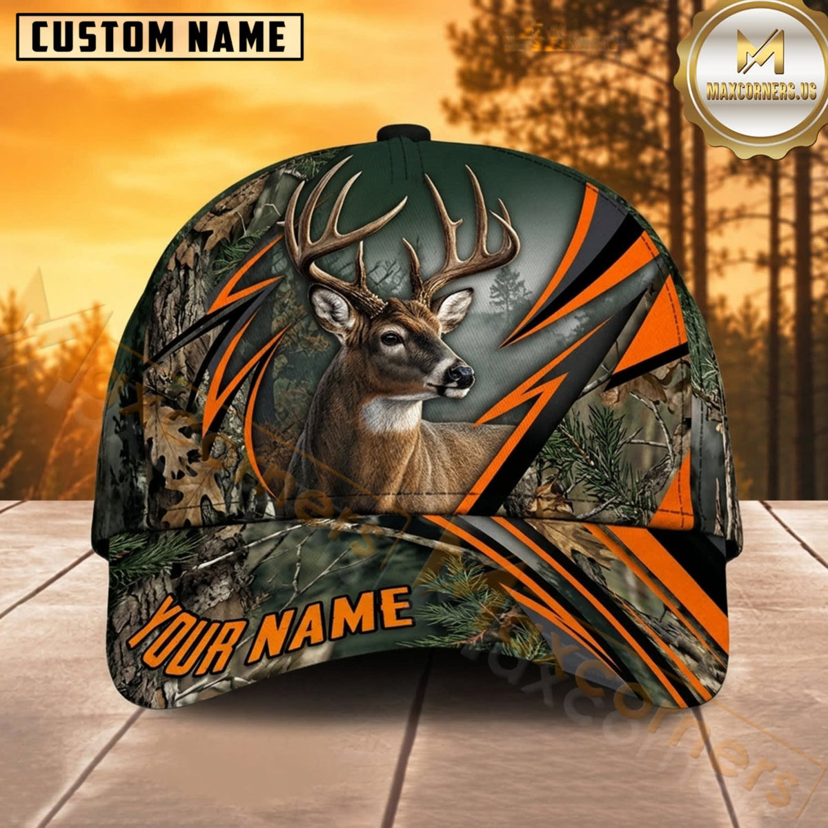 Maxcorners Deer Hunting Whitetail Buck Bold Orange Chevron Lightning Camo Customized Name 3D Cap