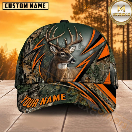 Maxcorners Deer Hunting Whitetail Buck Bold Orange Chevron Lightning Camo Customized Name 3D Cap