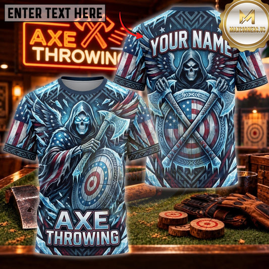 Maxcorners Axe Throwing Blue Ice Grim Reaper Personalized Name 3D Unisex Shirt
