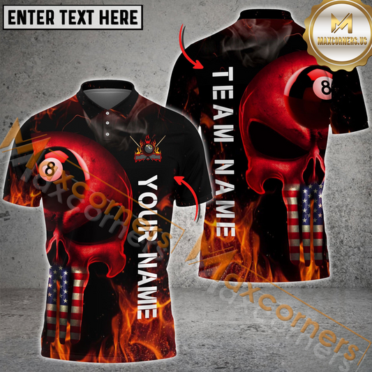 Maxcorners Billiard Skull Ball 8 American Flag Multicolor Options Personalized Name, Team Name 3D Polo Shirt (4 Colors)