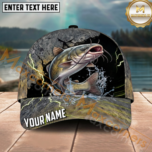 Maxcorners Fishing Gold Scale Lightning Splash Personalized Name 3D Cap (12 Fish Species)