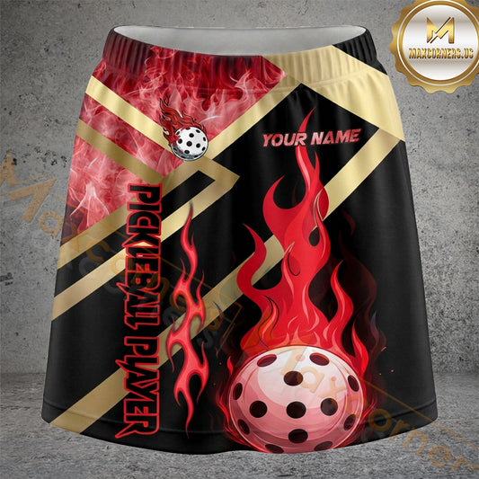 Maxcorners Pickleball Red Gold Flame Ball Personalized 3D Skort, Skirts With Shorts