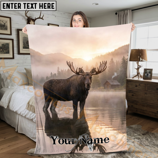 Maxcorners Majestic Moose Standing in Misty Mountain Lake Personalized 3D Blanket
