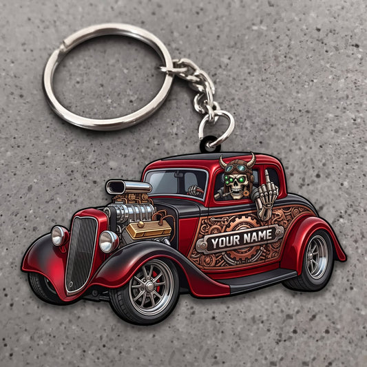 Maxcorners Hot Rod Red Vintage Roadster with Retro Garage Badge Personalized Name 3D Keychain And Ornament