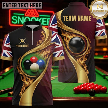 Maxcorners Snooker Black Burgundy Gold Union Jack Swirl Personalized Name 3D Unisex Shirt