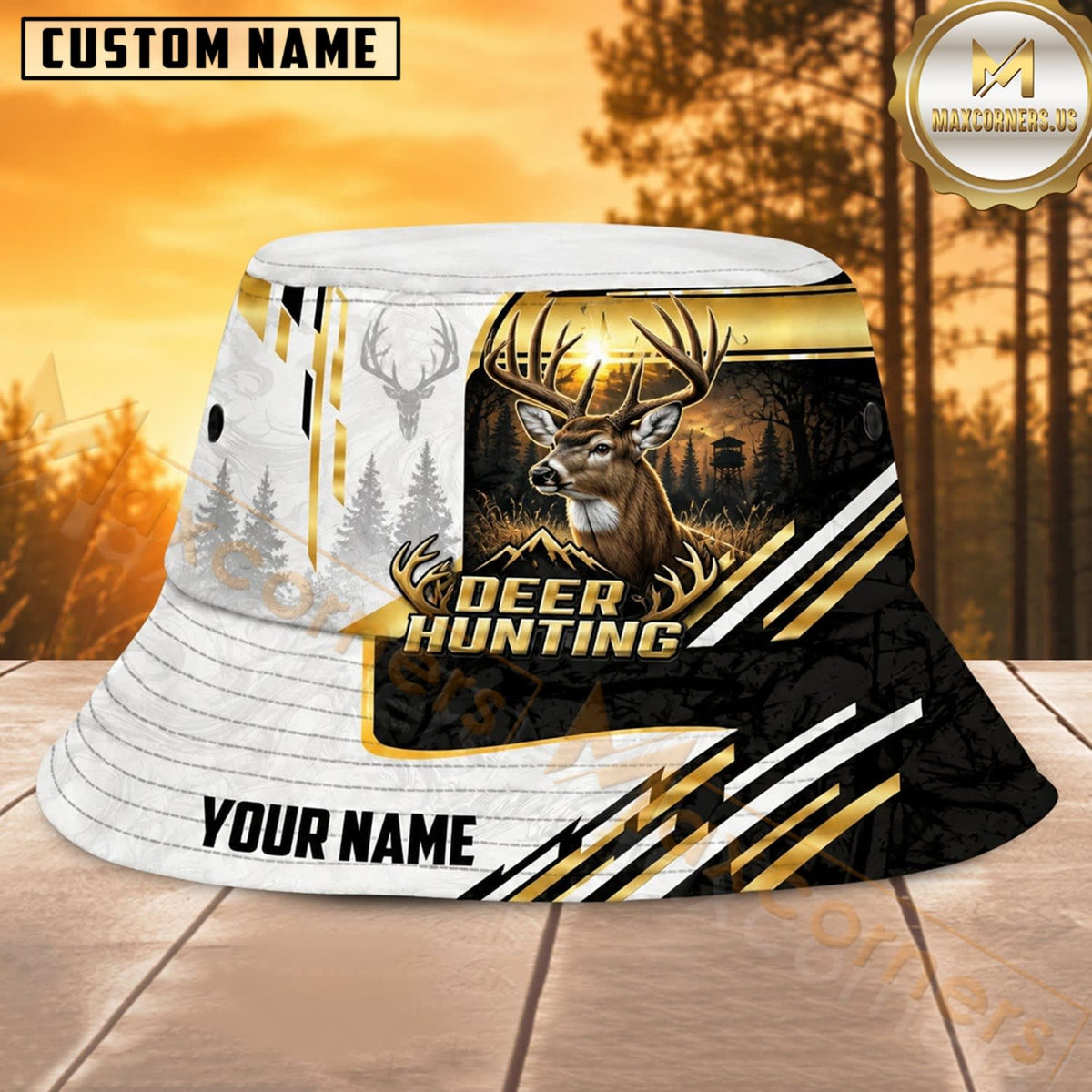 Maxcorners Deer Hunting White Gold Forest Antler Personalized Name 3D Bucket Hat
