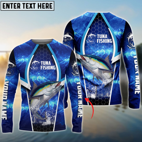 Maxcorners Tuna Fishing Blue Galaxy Personalized Name, Team Name 3D Long Sleeve Shirt