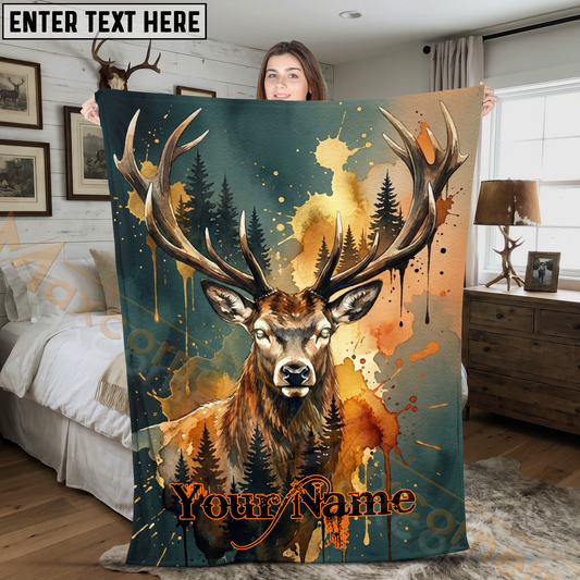 Maxcorners Watercolor Elk with Autumn Forest Landscape Personalized 3D Blanket