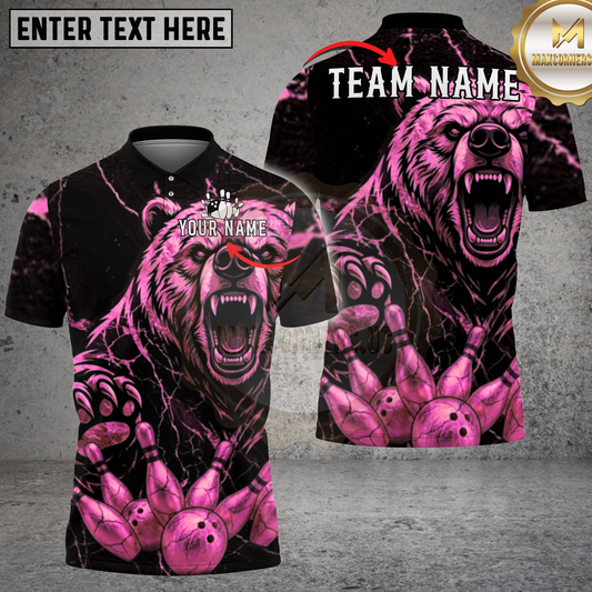 Maxcorners Bowling Bear Roaring Gold Marble Lightning Multicolor Options Personalized Name, Team Name 3D Shirt (4 Colors)