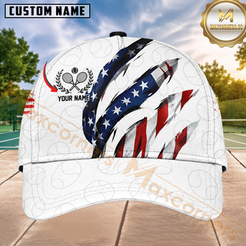 Maxcorners Tennis American Flag Torn Ripped Effect Personalized Name 3D Cap