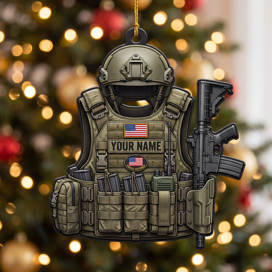 Maxcorners Military Black Helmet Olive Tactical Vest And Rifle Personalized Name 3D Keychain And Ornament