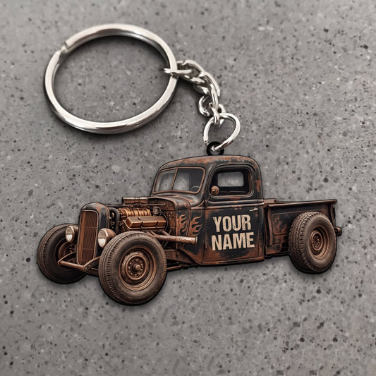 Maxcorners Hot Rod Rusty Brown Vintage Pickup Truck with Classic Rat Rod Design Personalized Name 3D Keychain And Ornament