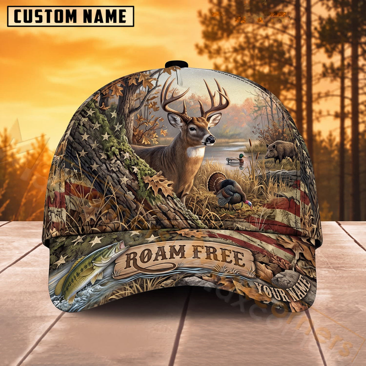 Maxcorners Deer Hunting Wilderness Roam Free Personalized Name 3D Cap