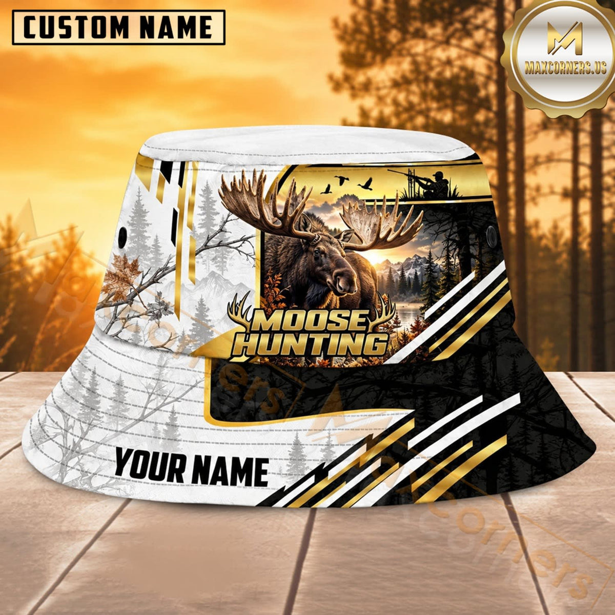 Maxcorners Moose Hunting White Gold Wilderness Personalized Name 3D Bucket Hat