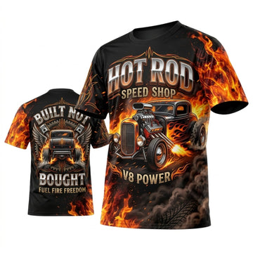 Maxcorners Personalized Car Classic Muscle Car 3D T-Shirt – Hot Rod Black Orange Built For Speed Flames