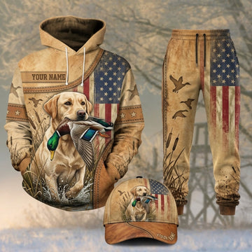 Maxcorners Duck Hunting Yellow Labrador American Flag Tan Camo Personalized 3D Shirts
