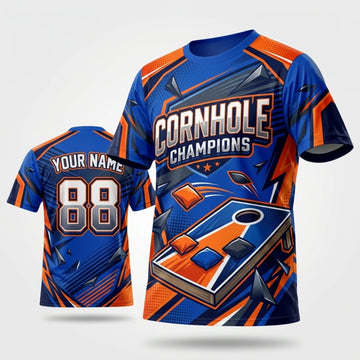 Maxcorners Cornhole Champions Orange Blue Sport Personalized Name 3D Unisex Shirt