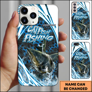 Maxcorners Catfish Fishing Blue Hexagon Splash Personalized Name 3D Phone Case