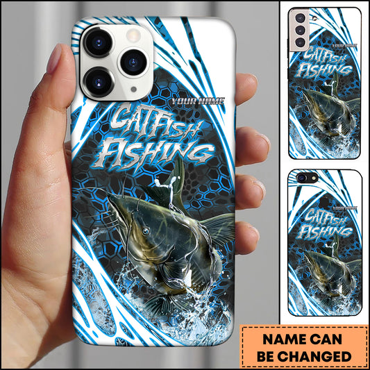 Maxcorners Catfish Fishing Blue Hexagon Splash Personalized Name 3D Phone Case