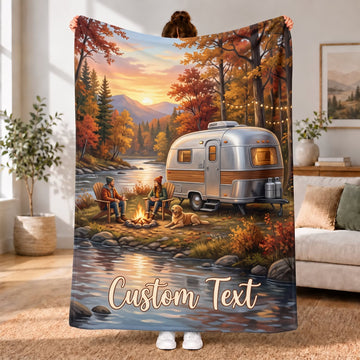 Maxcorners RVs Travel Trailer Autumn Riverside Campfire Custom Name 3D Blanket