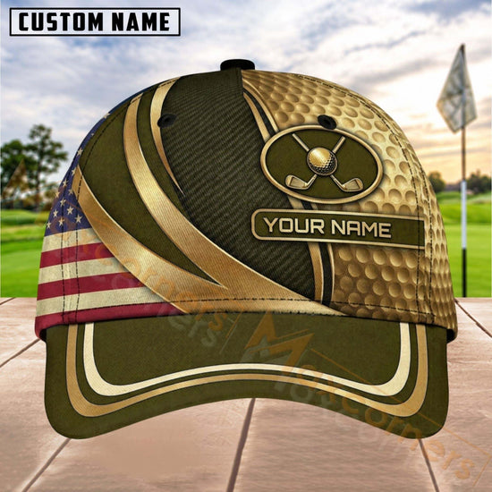 Maxcorners Golf Patriotic Gold Emblem Personalized Name 3D Cap (7 Colors)
